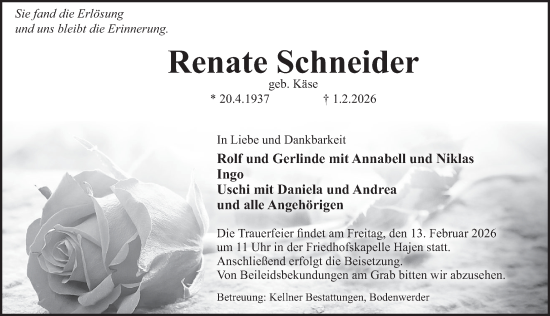 Traueranzeige von Renate Schneider von Deister- und Weserzeitung