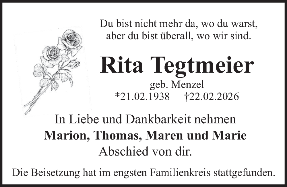  Traueranzeige für Rita Tegtmeier vom 28.02.2026 aus Deister- und Weserzeitung
