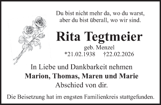 Traueranzeige von Rita Tegtmeier von Deister- und Weserzeitung