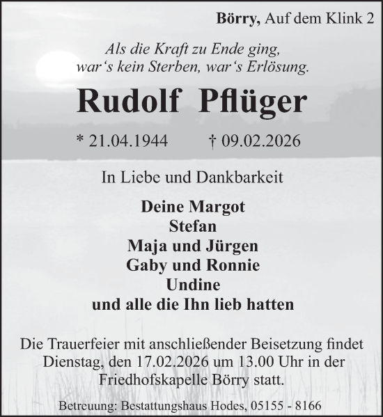 Traueranzeige von Rudolf Pflüger von Deister- und Weserzeitung