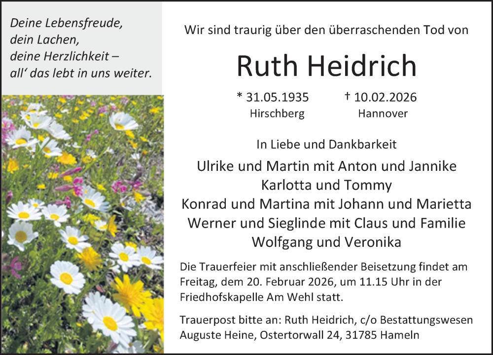  Traueranzeige für Ruth Heidrich vom 14.02.2026 aus Deister- und Weserzeitung