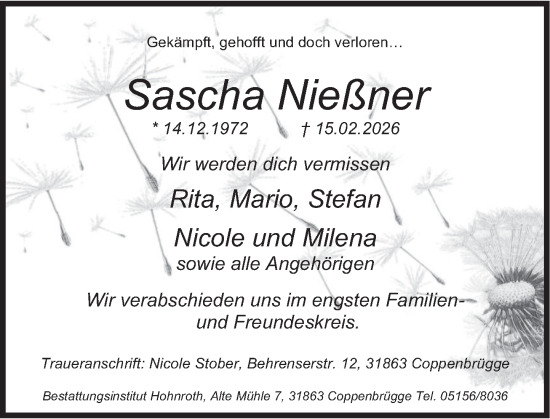 Traueranzeige von Sascha Nießner von Deister- und Weserzeitung