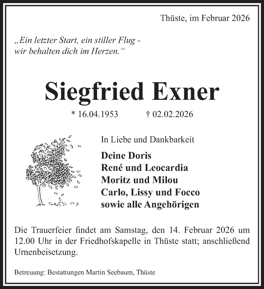  Traueranzeige für Siegfried Exner vom 07.02.2026 aus Deister- und Weserzeitung