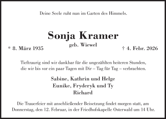 Traueranzeige von Sonja Kramer von Deister- und Weserzeitung