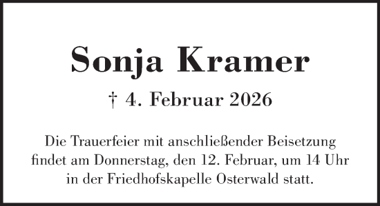 Traueranzeige von Sonja Kramer von Deister- und Weserzeitung