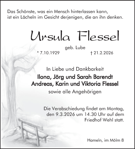 Traueranzeige von Ursula Flessel von Deister- und Weserzeitung