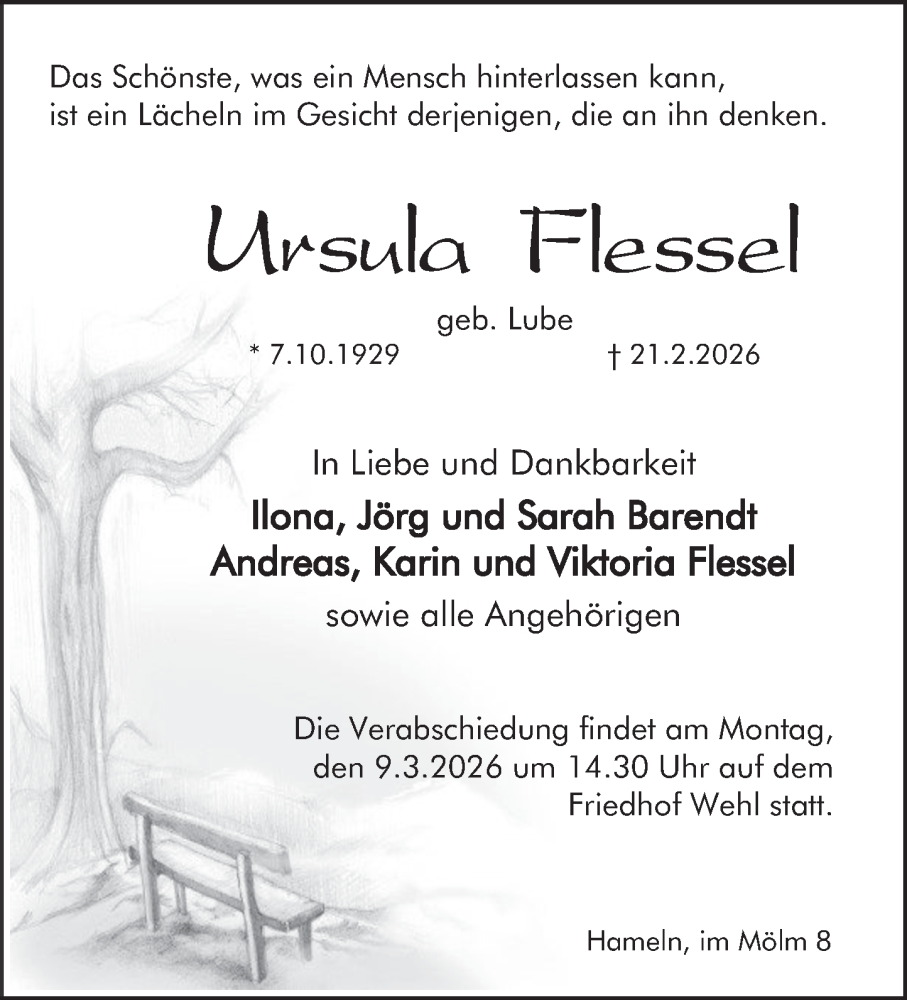  Traueranzeige für Ursula Flessel vom 28.02.2026 aus Deister- und Weserzeitung
