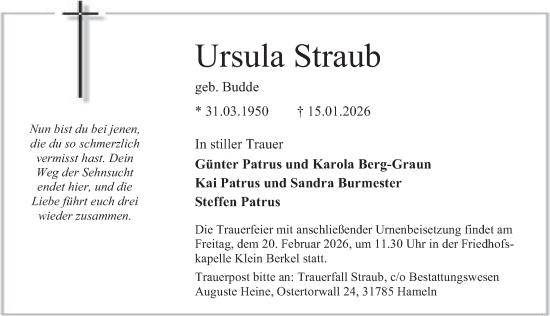 Traueranzeige von Ursula Straub von Deister- und Weserzeitung
