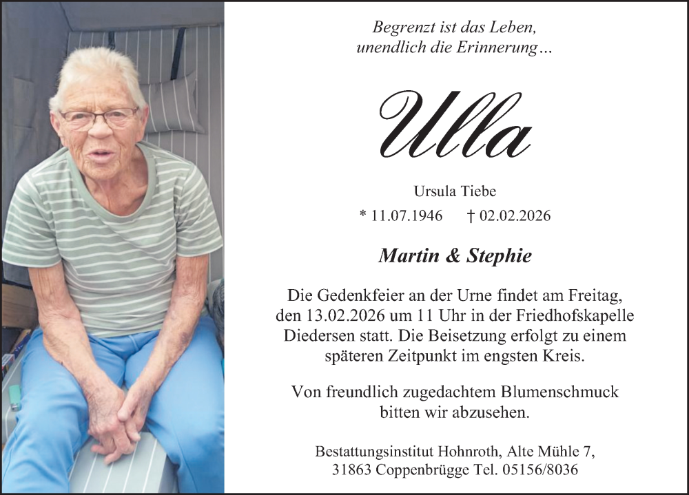  Traueranzeige für Ursula Tiebe vom 07.02.2026 aus Deister- und Weserzeitung