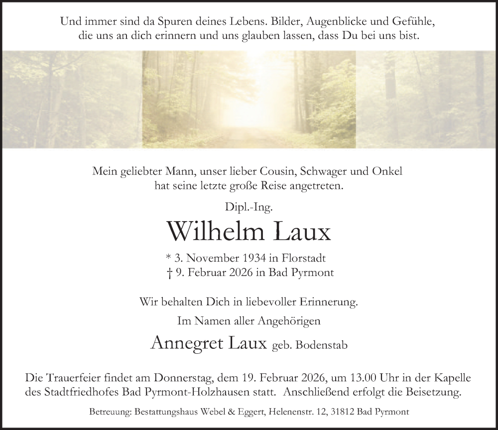  Traueranzeige für Wilhelm Laux vom 14.02.2026 aus Deister- und Weserzeitung