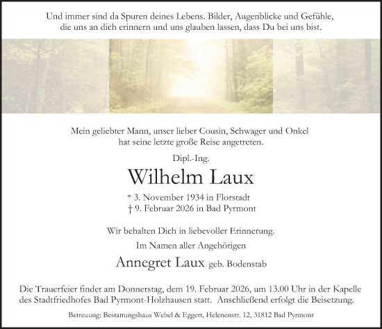 Traueranzeige von Wilhelm Laux von Deister- und Weserzeitung