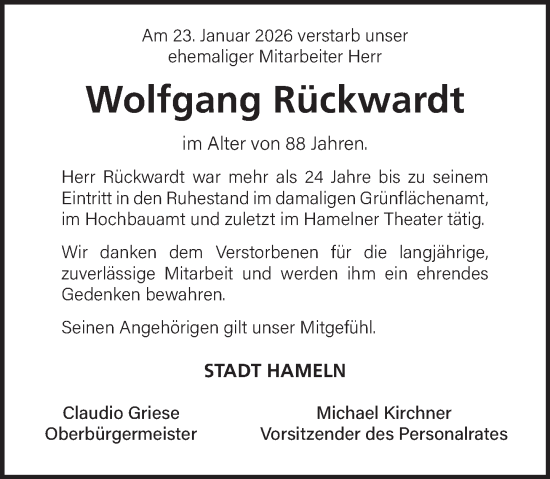 Traueranzeige von Wolfgang Rückwardt von Deister- und Weserzeitung